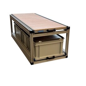 Schuifplateau dubbel 120x40 cm inclusief 3 bakken met deksel en 9 mm multiplex bovenplaat