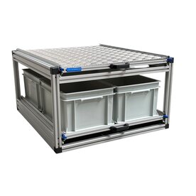 Schuifplateau dubbel 80x60 cm met aluminium bovenplaat en 3 open bakken