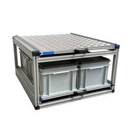 Schuifplateau dubbel 80x60 cm met aluminium bovenplaat en 3 gesloten bakken