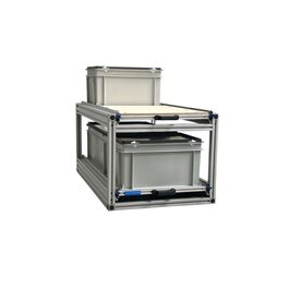 Schuifplateau dubbel aluminium voor camper 90x40 cm inclusief 3 bakken met deksel en multiplex berk 9 mm bovenplaat