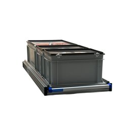 Schuifplateau eenhandsbediening 120x40 cm aluminium met 3 bakken met deksel