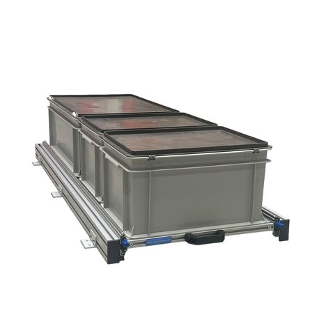 Schuifplateau aluminium voor camper 120x40 cm inclusief 3 bakken met deksel