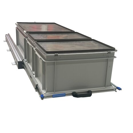 Schuifplateau aluminium voor camper 120x40 cm inclusief 3 bakken met deksel