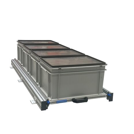 Schuifplateau aluminium voor camper 120x40 cm inclusief 4 bakken met deksel