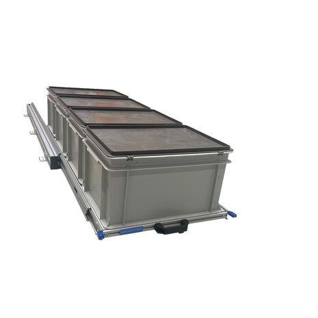 Schuifplateau aluminium voor camper 120x40 cm inclusief 4 bakken met deksel