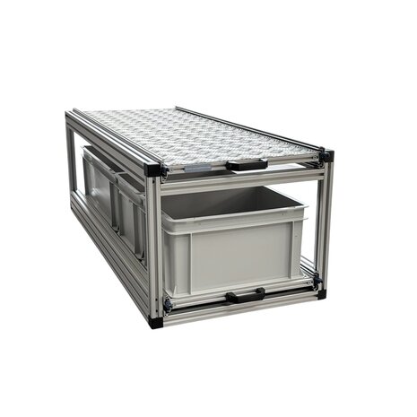 Schuifplateau dubbel 120x40 cm inclusief 3 open bakken en aluminium traanplaat