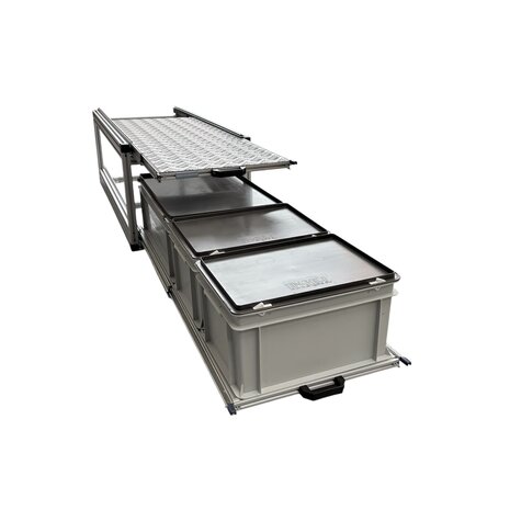 Schuifplateau dubbel 120x40 cm inclusief 3 bakken met deksel en aluminium traanplaat