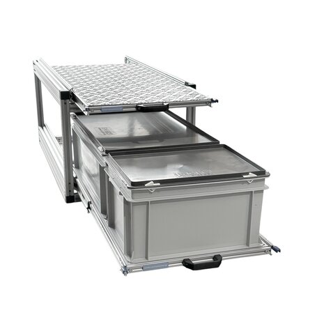 Schuifplateau dubbel 90x40 cm inclusief 2 bakken met deksel en aluminium traanplaat