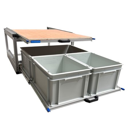 Schuifplateau dubbel 80x60 cm met multiplex bovenplaat en 3 open bakken