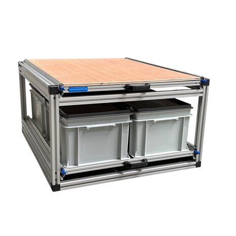 Schuifplateau dubbel 80x60 cm met multiplex bovenplaat en 3 gesloten bakken