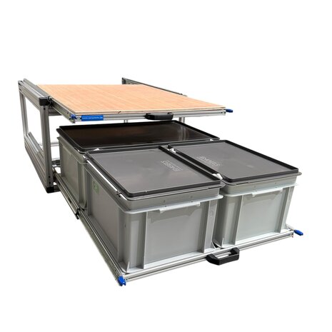 Schuifplateau dubbel 80x60 cm met multiplex bovenplaat en 3 gesloten bakken