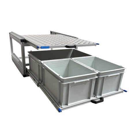 Schuifplateau dubbel 80x60 cm met aluminium bovenplaat en 3 open bakken