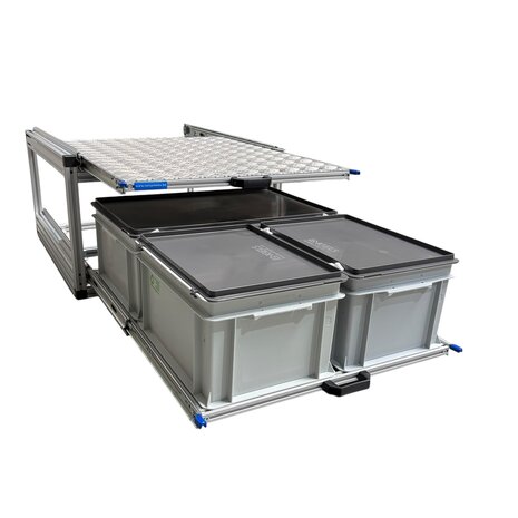 Schuifplateau dubbel 80x60 cm met aluminium bovenplaat en 3 gesloten bakken
