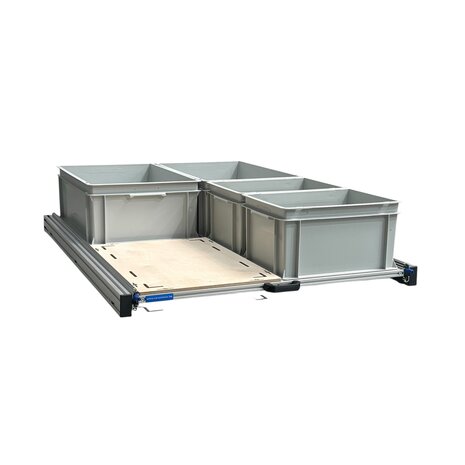 Schuifplateau aluminium voor camper 120x80 cm inclusief 4 open bakken met multiplex berk 9 mm bovenplaat