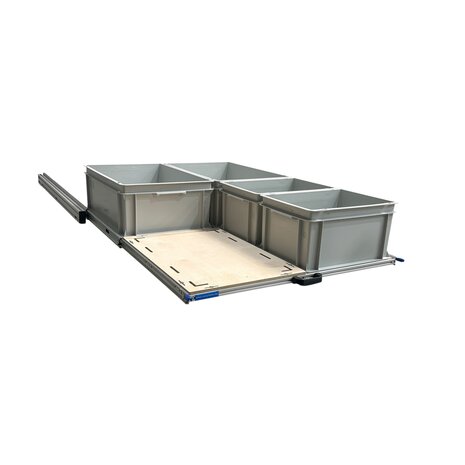Schuifplateau aluminium voor camper 120x80 cm inclusief 4 open bakken met multiplex berk 9 mm bovenplaat