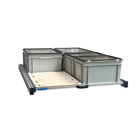 Schuifplateau aluminium voor camper 120x80 cm inclusief 4 bakken met deksel en multiplex berk 9 mm bovenplaat