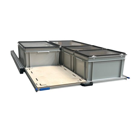 Schuifplateau aluminium voor camper 120x80 cm inclusief 4 bakken met deksel en multiplex berk 9 mm bovenplaat