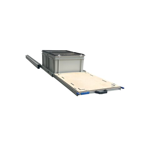 Schuifplateau aluminium voor camper 120x40 cm inclusief 2 bakken met deksel en multiplex berk 9 mm bovenplaat