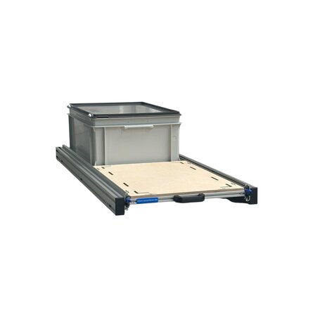 Schuifplateau aluminium voor camper 120x40 cm inclusief 1 bak met deksel en multiplex berk 9 mm bovenplaat