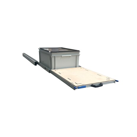Schuifplateau aluminium voor camper 120x40 cm inclusief 1 bak met deksel en multiplex berk 9 mm bovenplaat