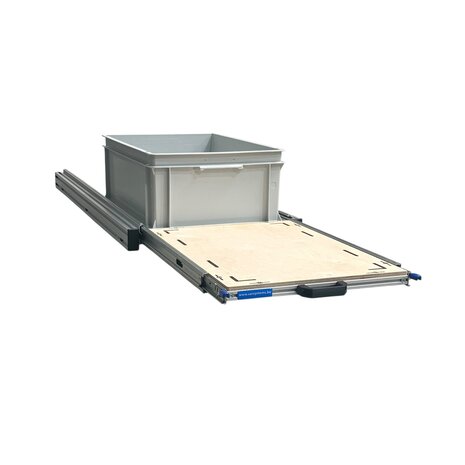 Schuifplateau aluminium voor camper 120x40 cm inclusief 1 open bak met multiplex berk 9 mm bovenplaat