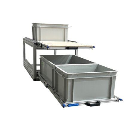 Schuifplateau dubbel 90x40 cm inclusief 3 open bakken met multiplex berk 9 mm bovenplaat