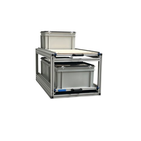 Schuifplateau dubbel aluminium voor camper 90x40 cm inclusief 3 bakken met deksel en multiplex berk 9 mm bovenplaat