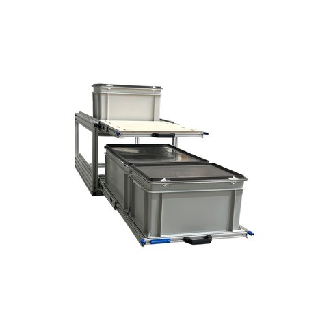 Schuifplateau dubbel aluminium voor camper 90x40 cm inclusief 3 bakken met deksel en multiplex berk 9 mm bovenplaat