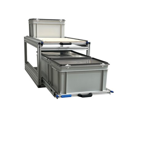 Schuifplateau dubbel aluminium voor camper 90x40 cm inclusief 3 bakken met deksel en multiplex berk 9 mm bovenplaat