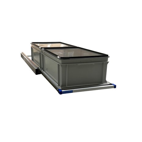 Schuifplateau eenhandsbediening 120x40 cm aluminium met 2 bakken met deksel