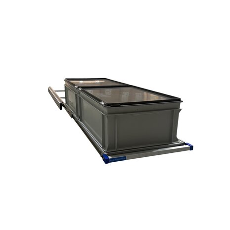 Schuifplateau eenhandsbediening 120x40 cm aluminium met 2 bakken met deksel