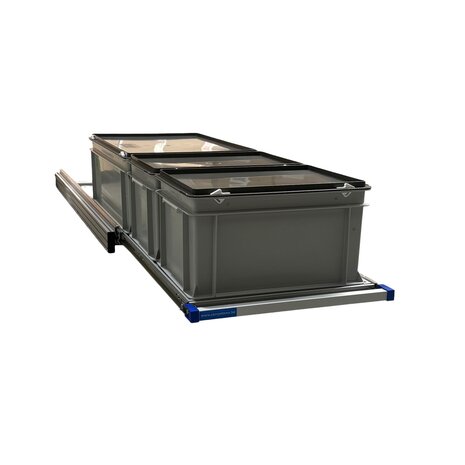 Schuifplateau eenhandsbediening 120x40 cm aluminium met 3 bakken met deksel