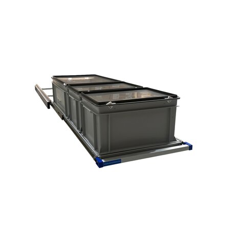 Schuifplateau eenhandsbediening 120x40 cm aluminium met 3 bakken met deksel