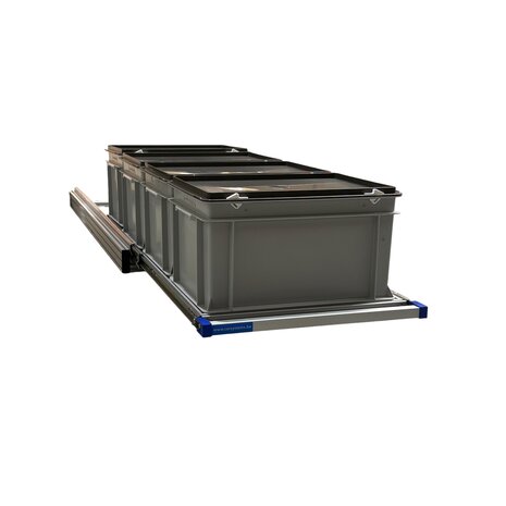 Schuifplateau eenhandsbediening 120x40 cm aluminium met 4 bakken met deksel