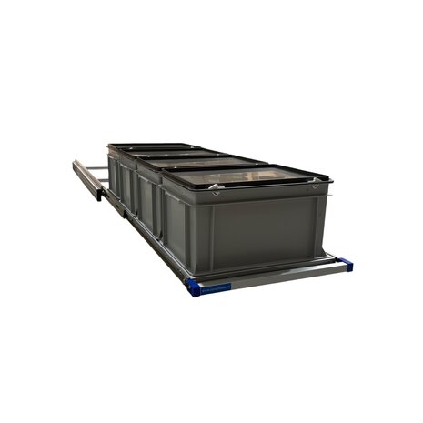 Schuifplateau eenhandsbediening 120x40 cm aluminium met 4 bakken met deksel