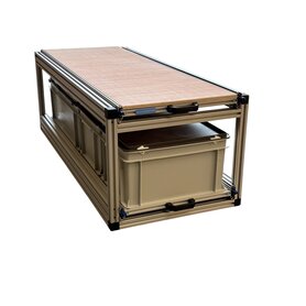 Schuifplateau dubbel 120x40 cm inclusief 3 bakken met deksel en 9 mm multiplex bovenplaat