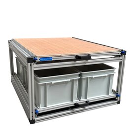 Schuifplateau dubbel 80x60 cm met multiplex bovenplaat en 3 open bakken